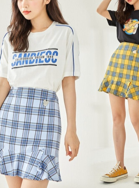 E家商场同款 夏季短裙格纹拼接荷叶半裙EEWH82302M