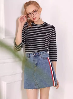 美式夏季牛仔短裙高腰弹力显瘦复古a字裙EEWJ82401A、EEWJ82151B