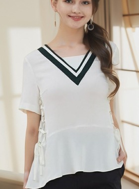 E恋E家品牌 撞色深V条纹荷叶边系带雪纺衬衫EEBW82454B