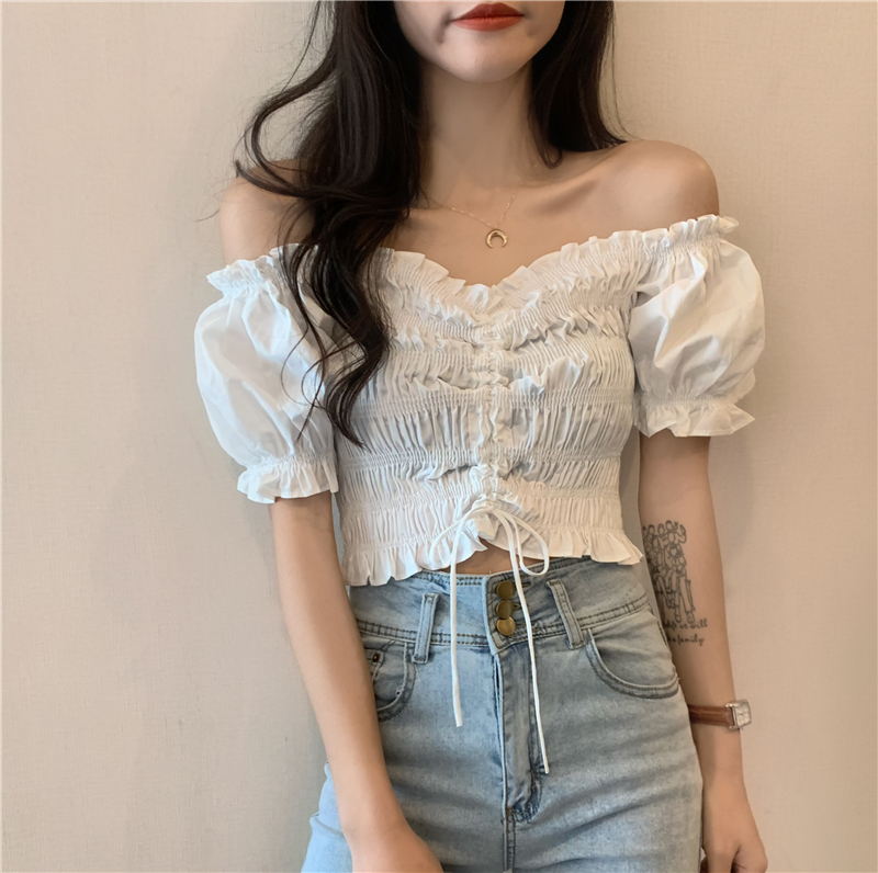 Real price Vintage Lace bubble sleeves with ruffles and one shoulder double top short pleated shirt