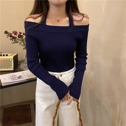 Real shooting real price Autumn Korean halter two wears small sexy design knitted sweater women's slim bottoming shirt sweater