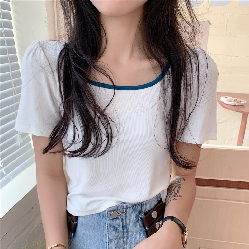 Real price ~ round neck color contrast thin short T-shirt short sleeve top female