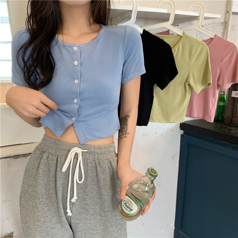 Real price summer round neck short slim cardigan women's Short Sleeve Top