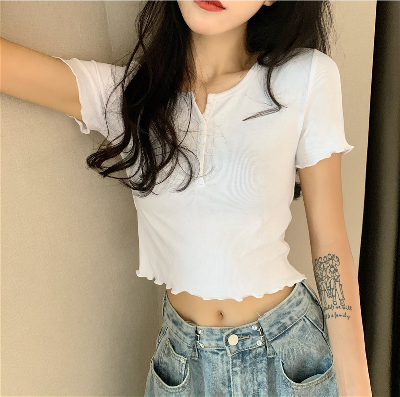 Real price French retro collar pit top Korean slim short T-shirt