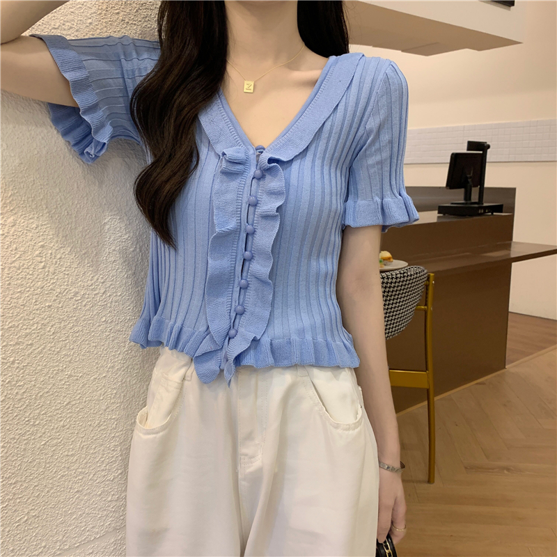 Real price ~ fungus edge pit strip top sweet Spice Girl V-neck solid color short sleeve t-shirt female