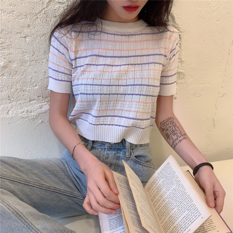 Real shot real price chic Korean ice color stripe retro short thin sweater