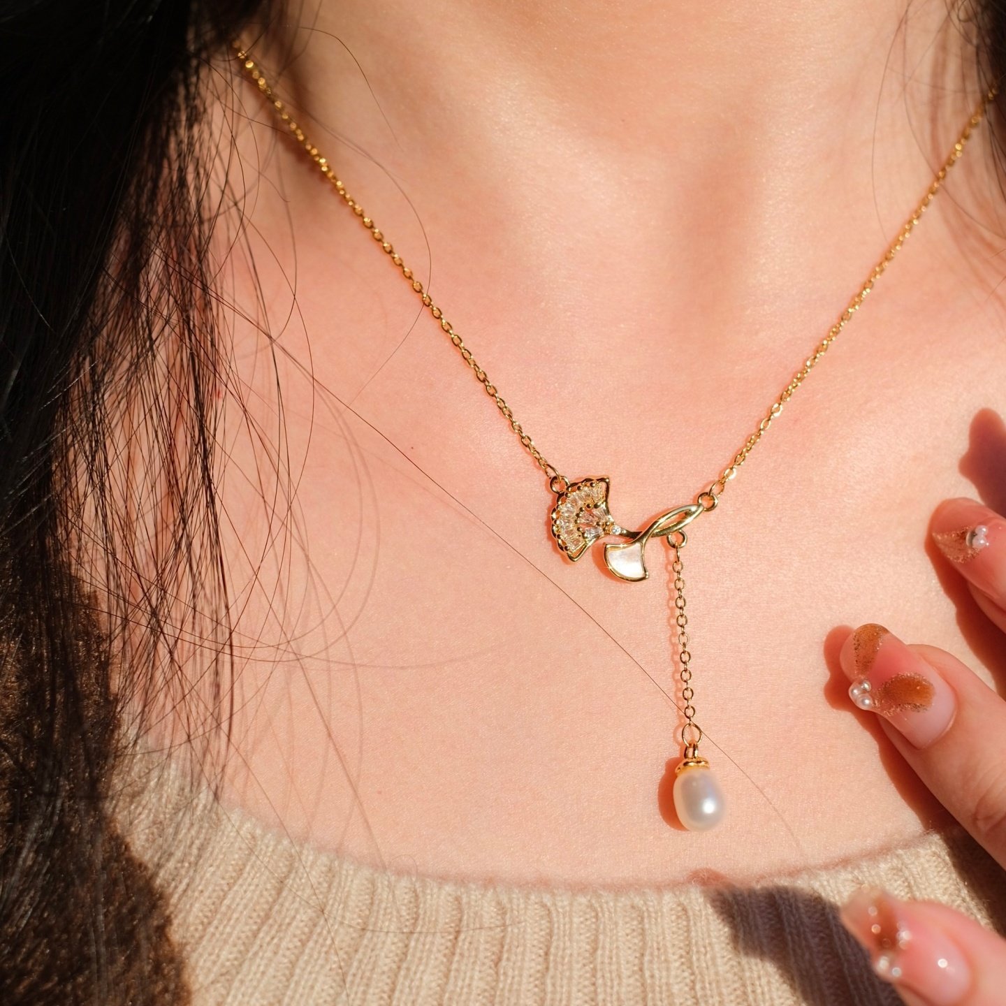 《银杏寄语》法式复古轻奢高级感精致树叶天然珍珠水滴项链锁骨链