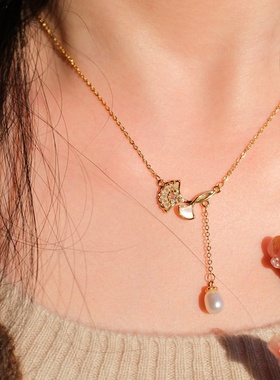 《银杏寄语》法式复古轻奢高级感精致树叶天然珍珠水滴项链锁骨链