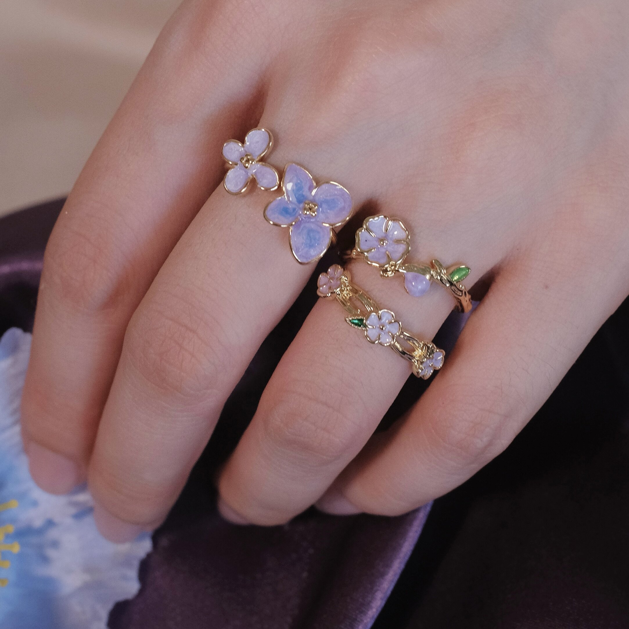 《淡紫花海》法式宫廷风复古油画珐琅滴釉精致花朵戒指叠戴可调节
