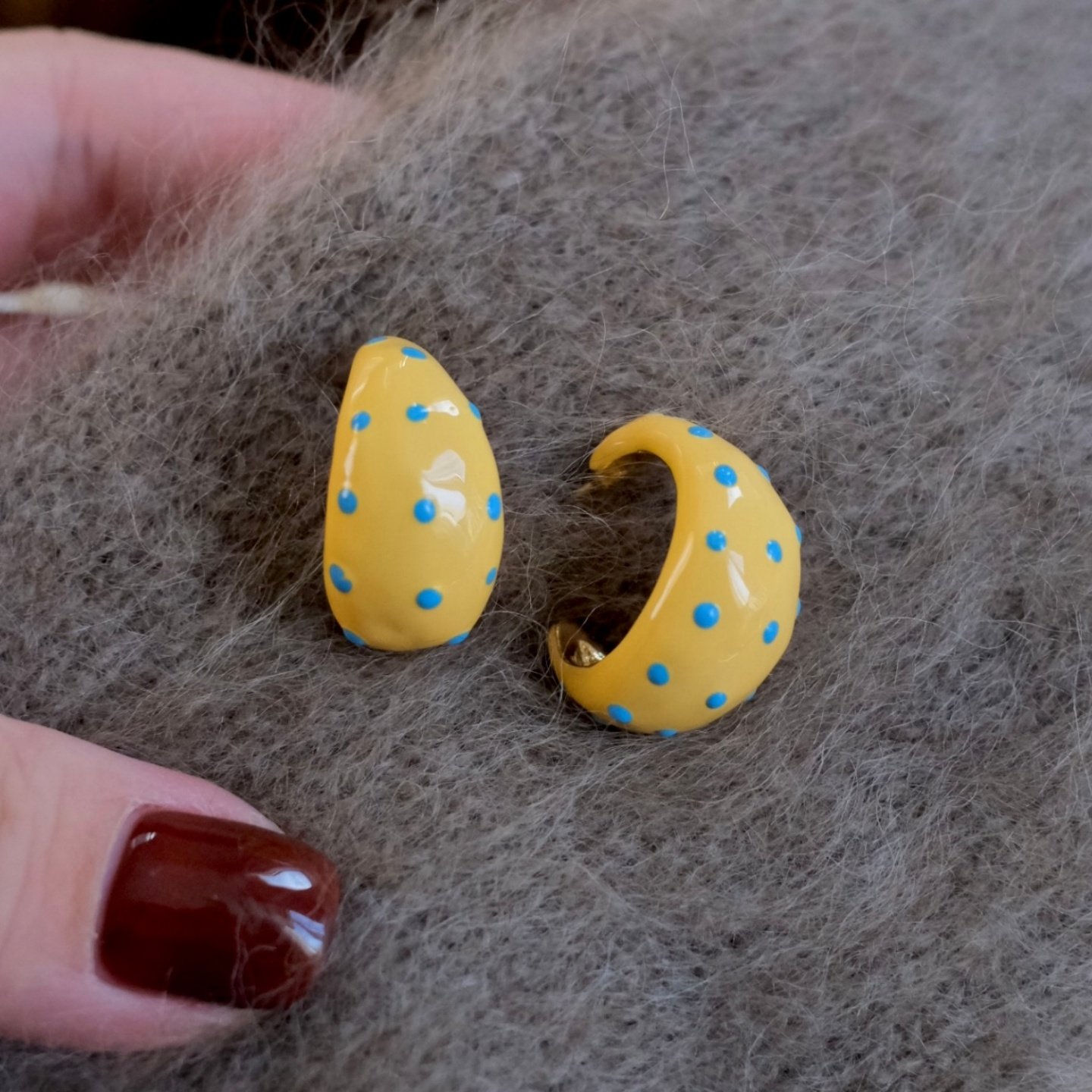 《芝士乳酪》手绘波点！多巴胺甜美珐琅C形撞色耳环耳饰耳夹耳钉