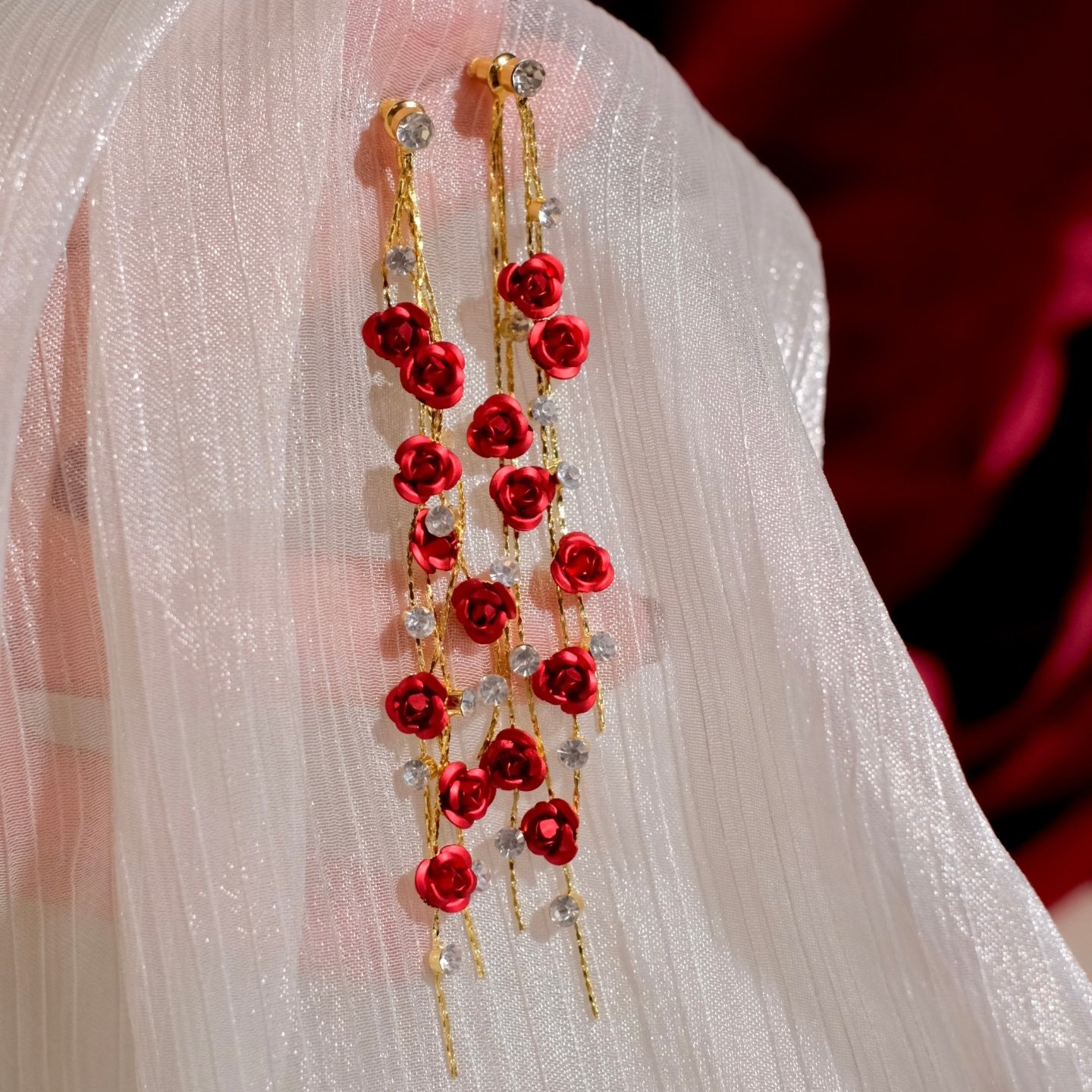 《炽热浪漫》复古优雅酒红色玫瑰花朵长流苏耳环耳钉耳夹圣诞新年