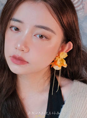 《橙花》原创仙气氛围感显白黄色立体花朵长流苏度假耳环耳夹耳饰