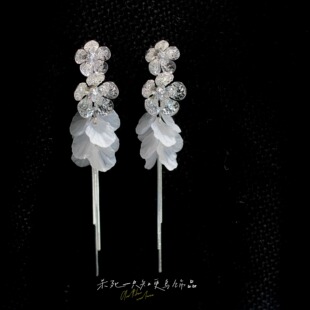 优雅复古清冷小众银色肌理花朵长流苏耳环耳饰耳夹女 落纸云烟