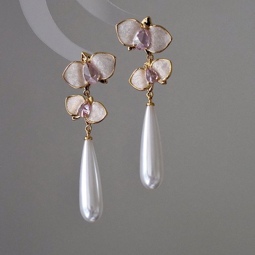 复古新中式蝴蝶兰珐琅釉珍珠耳环