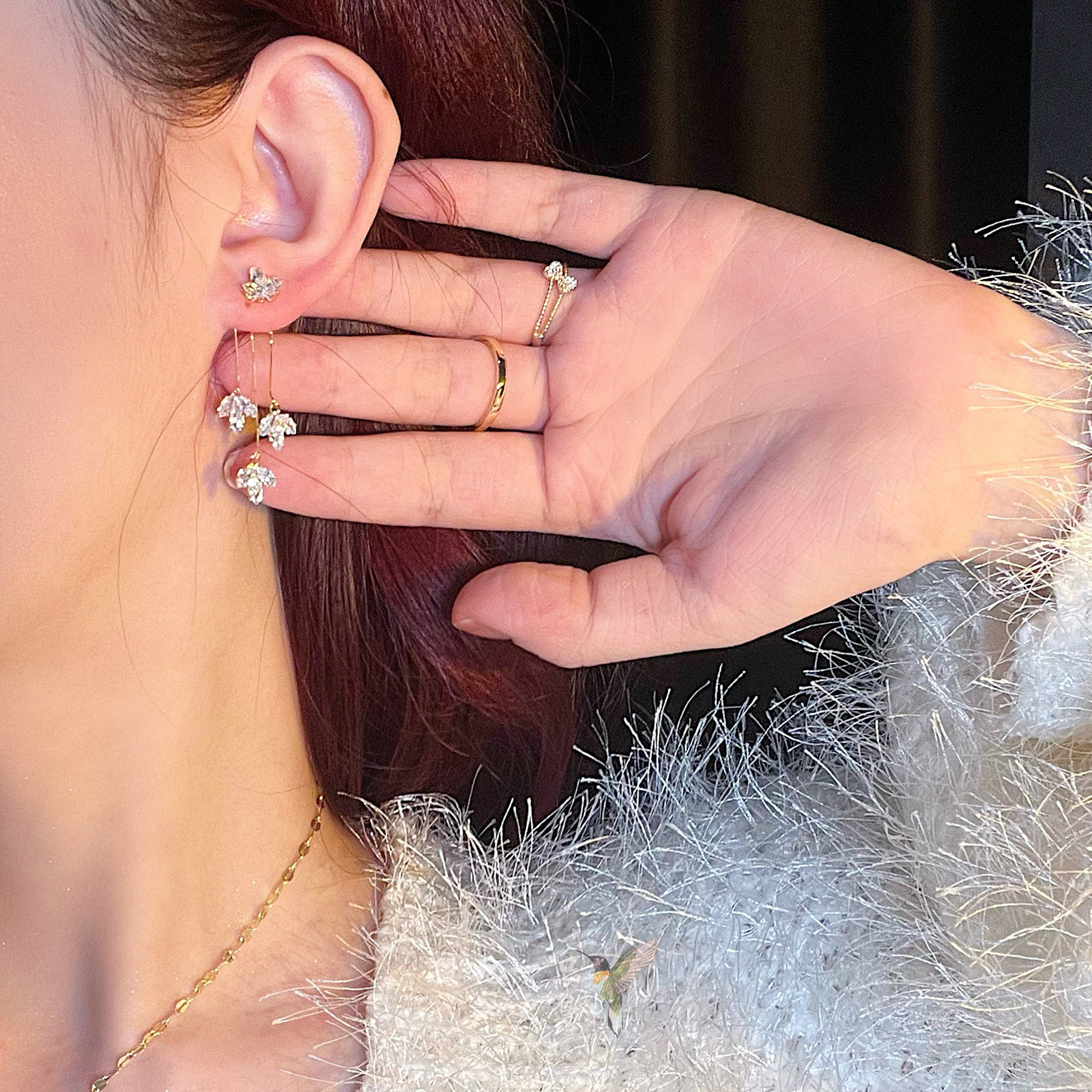 「知更鸟」散落的星 复古法式精致气质轻奢闪耀锆石树叶耳钉耳饰