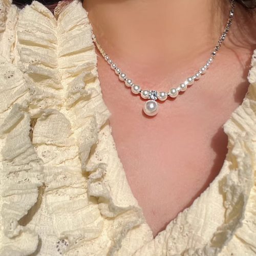 经典法式正圆碎银子珍珠串珠项链