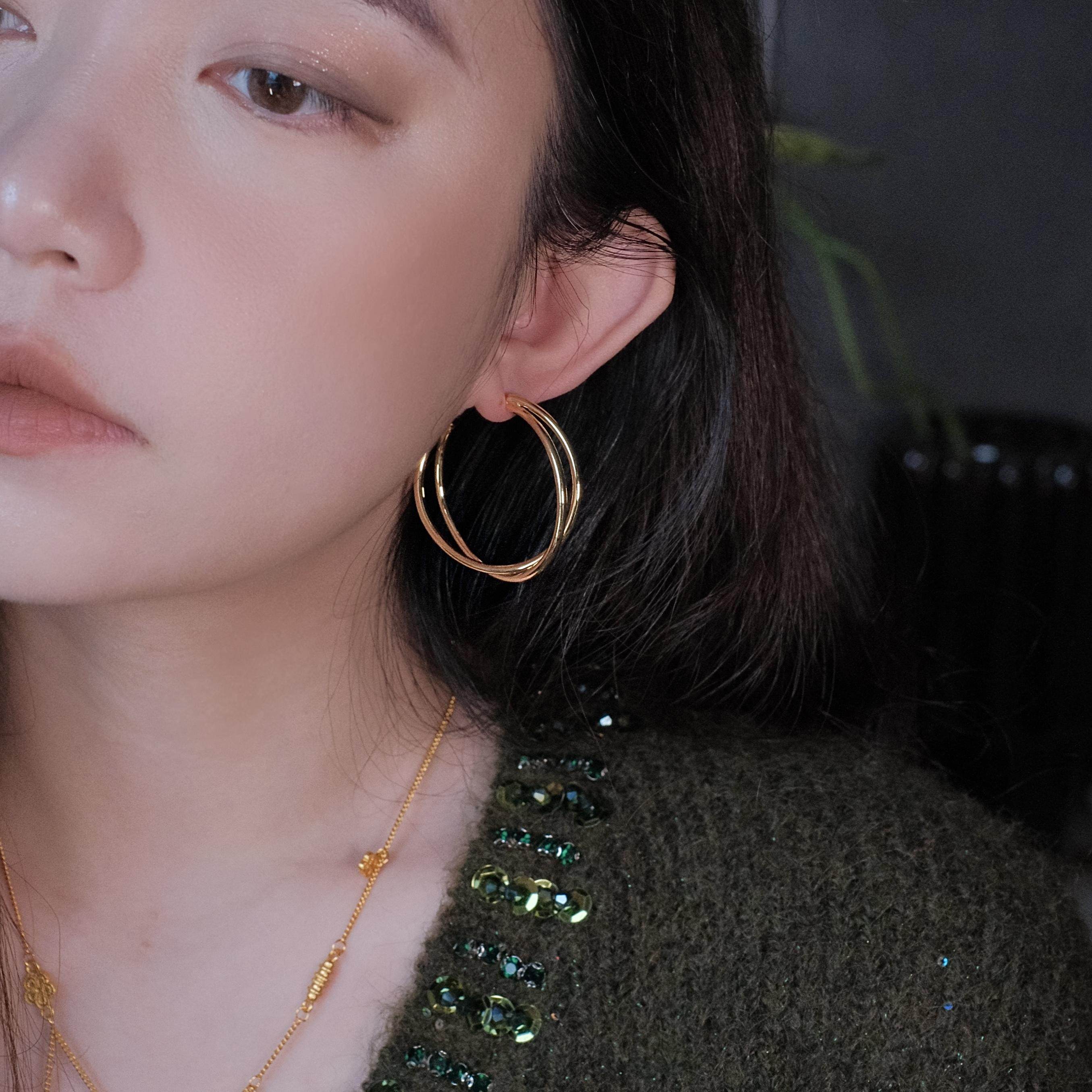 《交响曲》简约港风复古金属小众交叉线条双层圈圈耳环耳夹耳饰女