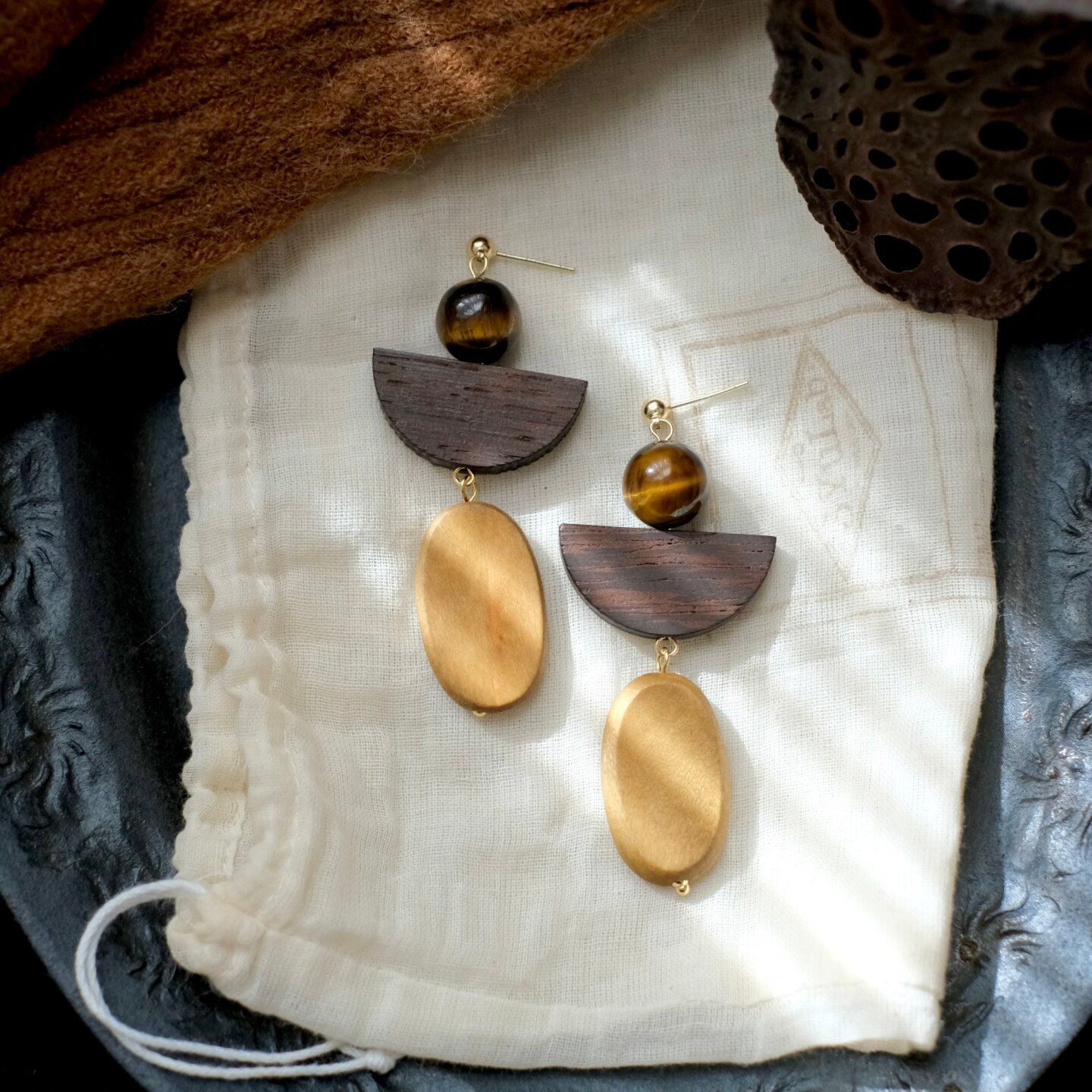 《半盏秋》原创秋冬几何复古国风文艺独特木质虎眼石耳环耳饰耳夹