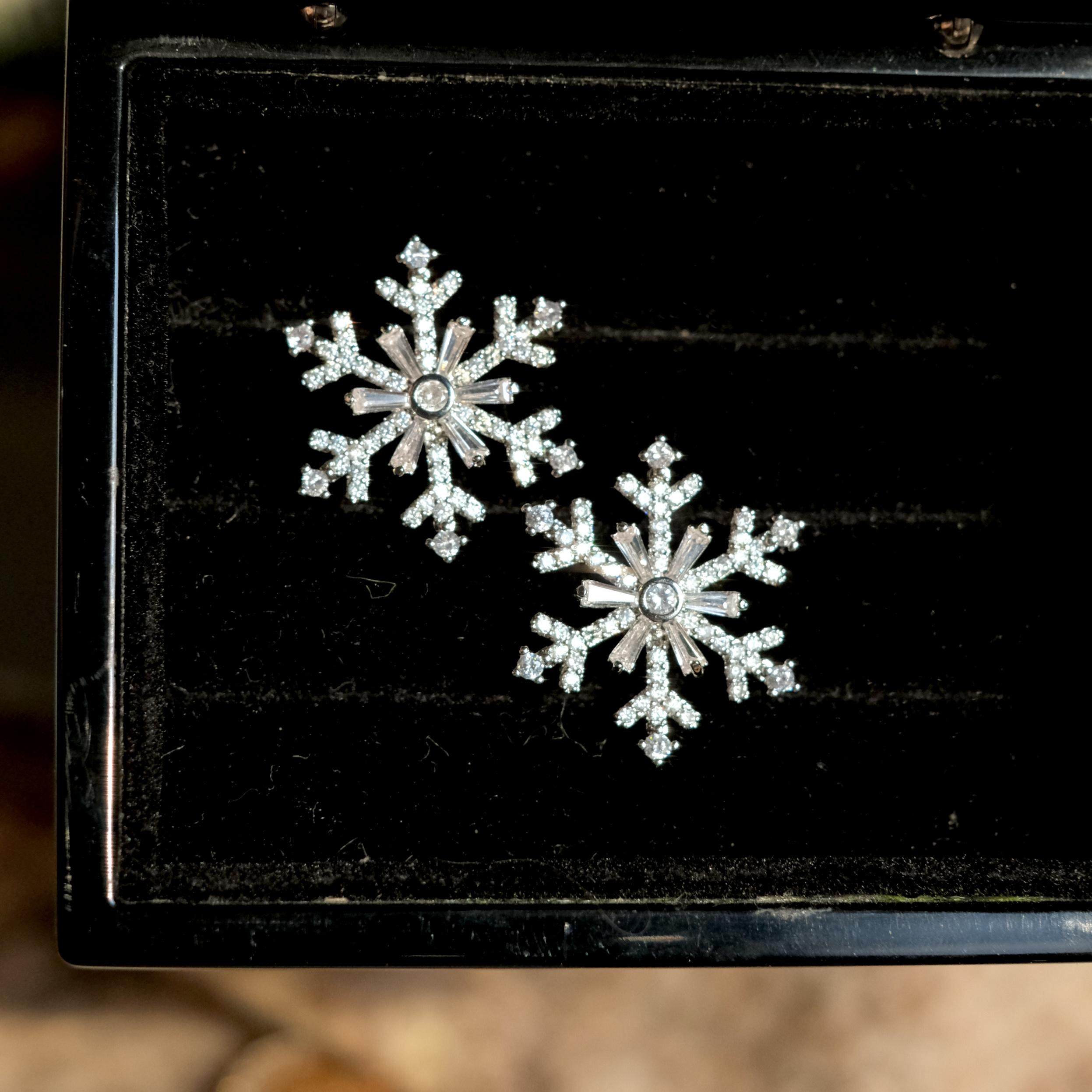 《雪国来信》秋冬满钻雪花圣诞微镶超闪锆石s925纯银耳钉耳环耳夹