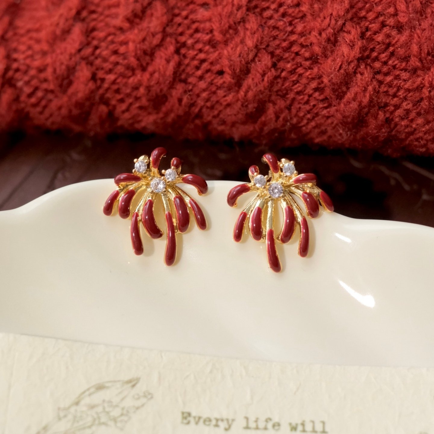 《新年烟花》秋冬过年显白酒红色锆石气质精致耳钉耳环耳夹耳饰女
