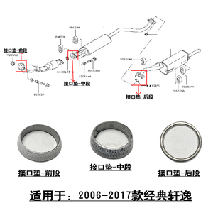 适用于06-17款经典轩逸排气管前中后段接口垫片三元催化锥形垫片