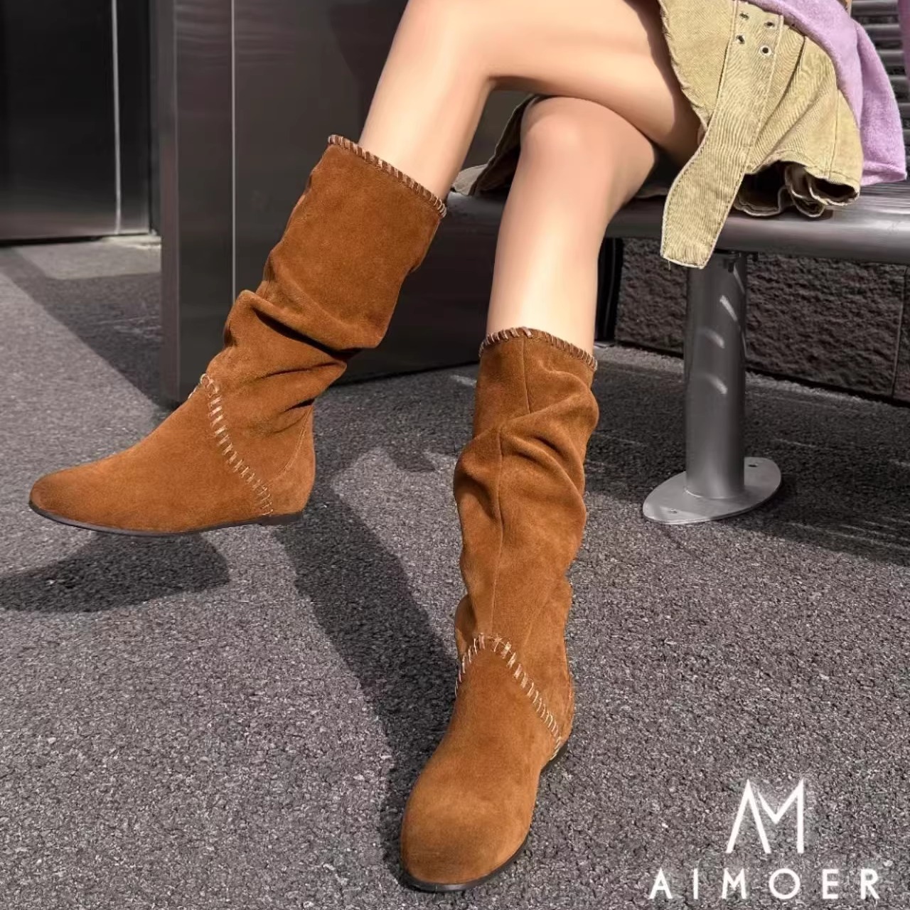 艾模儿 牛皮复古内增高二穿堆堆靴2025新款时尚长靴韩系复古ins