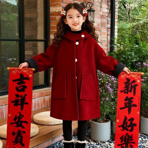 新年衣女童红色中长双排扣呢大衣
