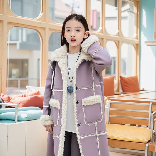 女童中长皮毛一体加绒加厚呢大衣