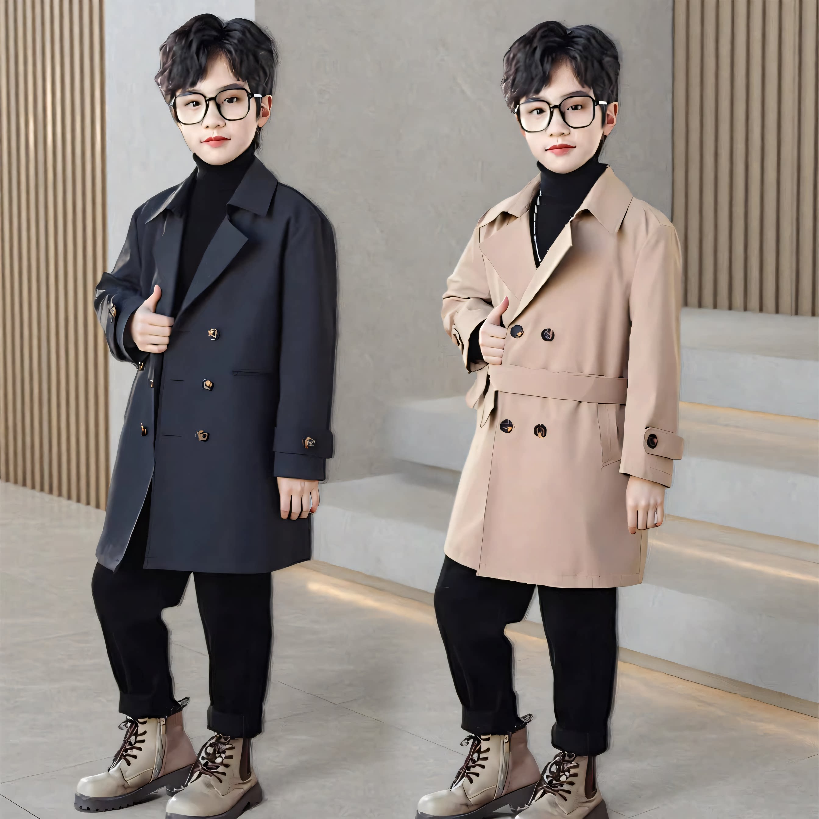 男童风衣外套春秋装中长款中大童宝宝双排扣大衣薄英伦风儿童外套