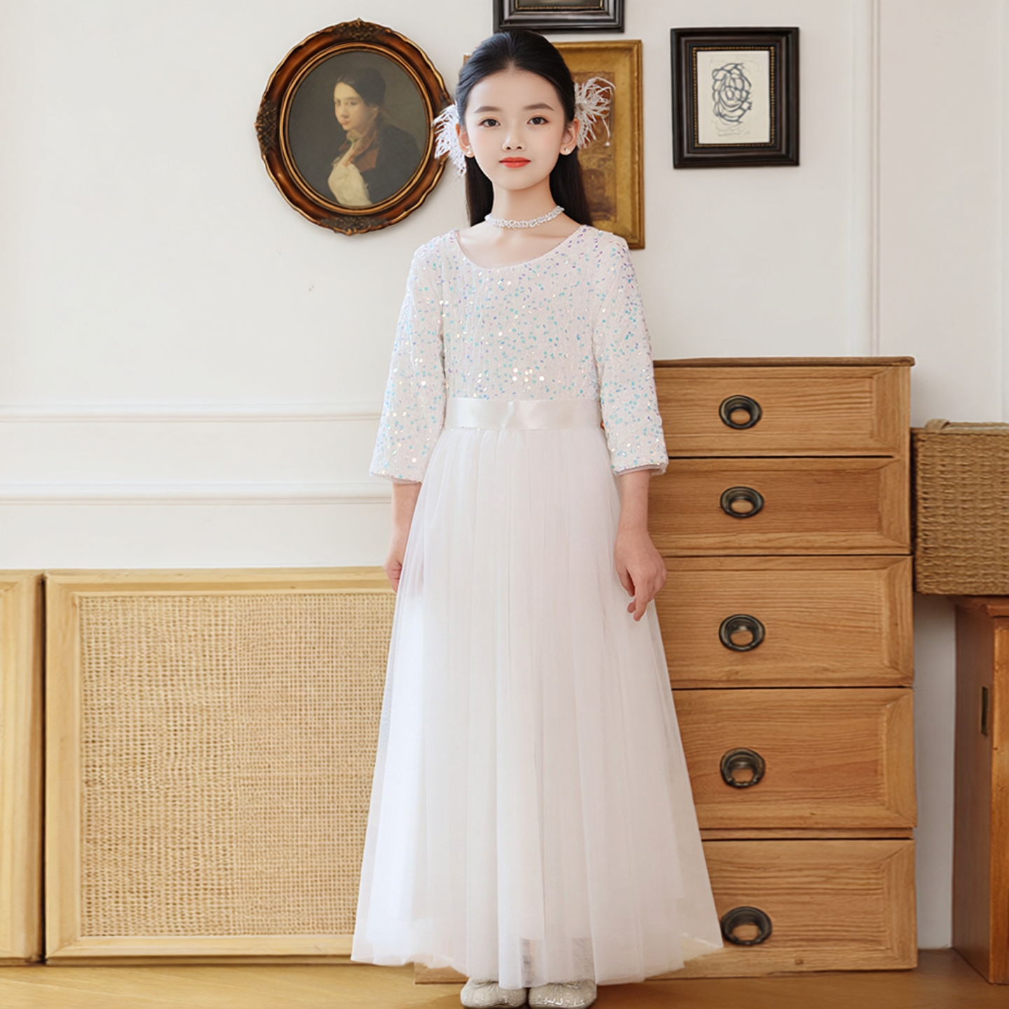 女童红色亮片长袖大摆礼服裙演出