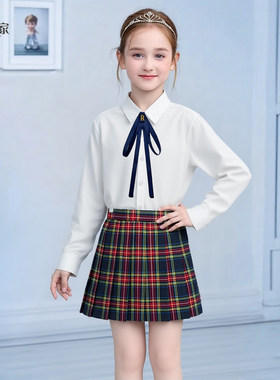 女童JK学院风藏青格子校服套装