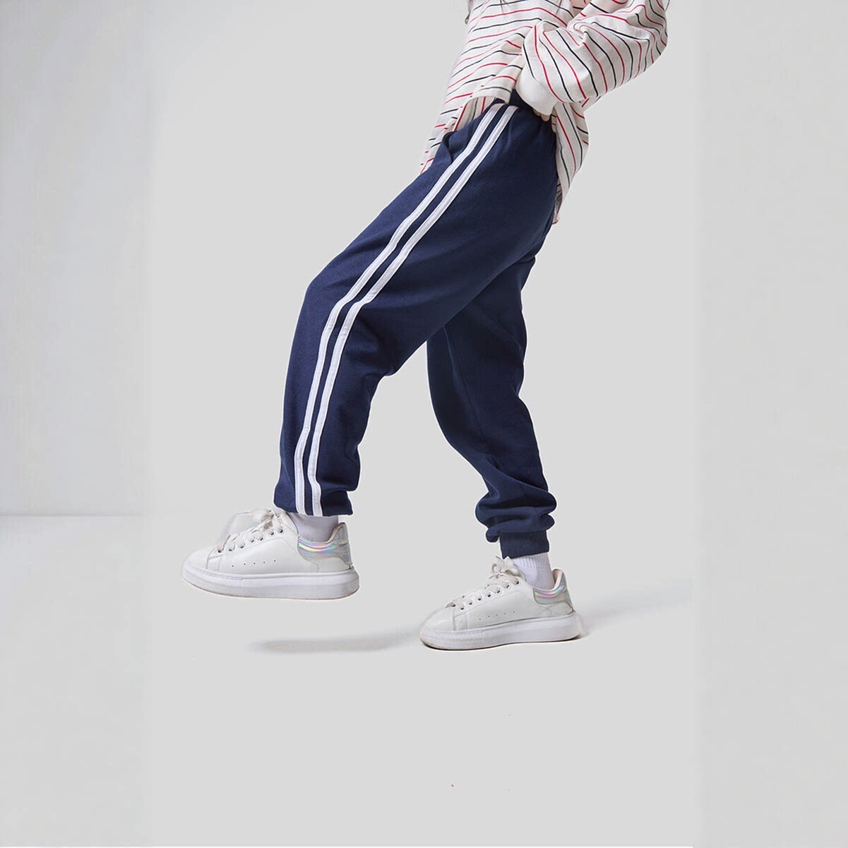 小学生校服裤子夏季薄款藏青色白条深蓝6-9-12岁休闲运动棉质长裤