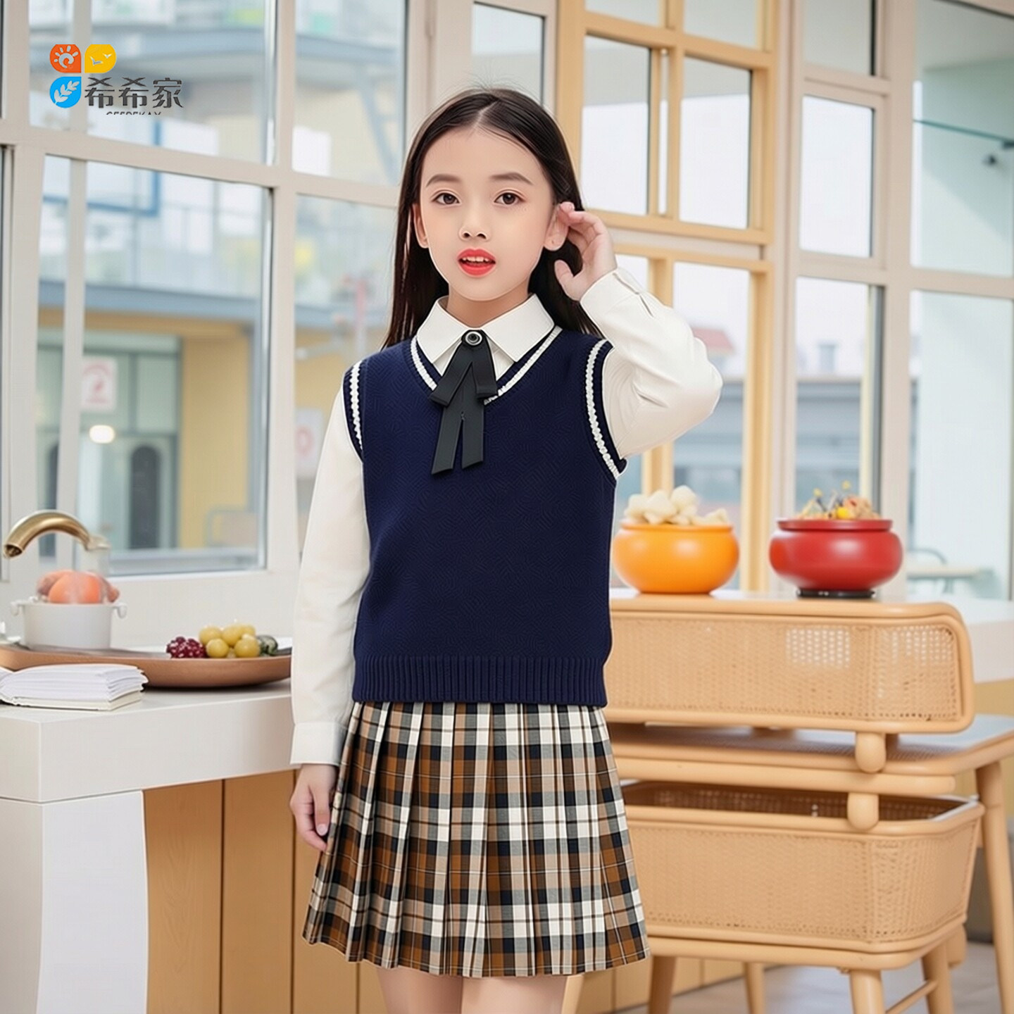 男女童学院风JK制服小学生深蓝色针织马甲格纹百褶裙西装校服套装