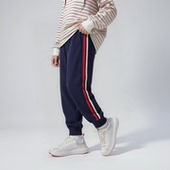 纯棉学院宽松休闲裤 女藏青色红白条纹束脚裤 运动校裤 小学生校服裤