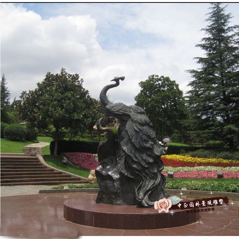 定制玻璃钢铸铜雕仿真动物雕塑凤凰组合广场公园景区景观装饰摆件