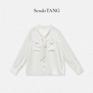 胖多女装 衬衫 新款 高级感百搭纯色上衣 法式 凝霜 系带V领长袖