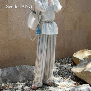 夏季 胖多女装 新款 休闲时尚 现货撞色条纹 高腰休闲裤 柔风