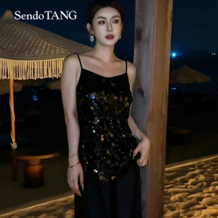 晚时光 休闲时尚 胖多女装 新款 吊带连衣裙 夏季 现货璀璨亮片