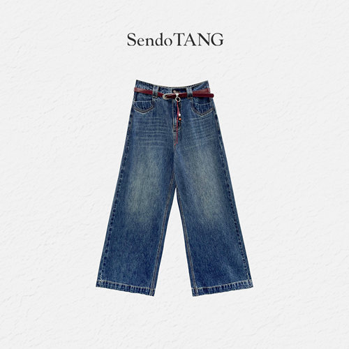 复古水洗高腰牛仔裤胖多女装新款时尚百搭宽松显瘦直筒裤【舒迹】