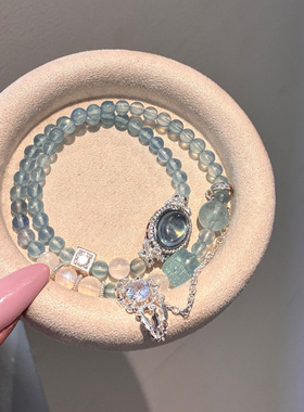 天然海蓝宝蓝月光貔貅招财双圈手链女款舒缓情绪手串