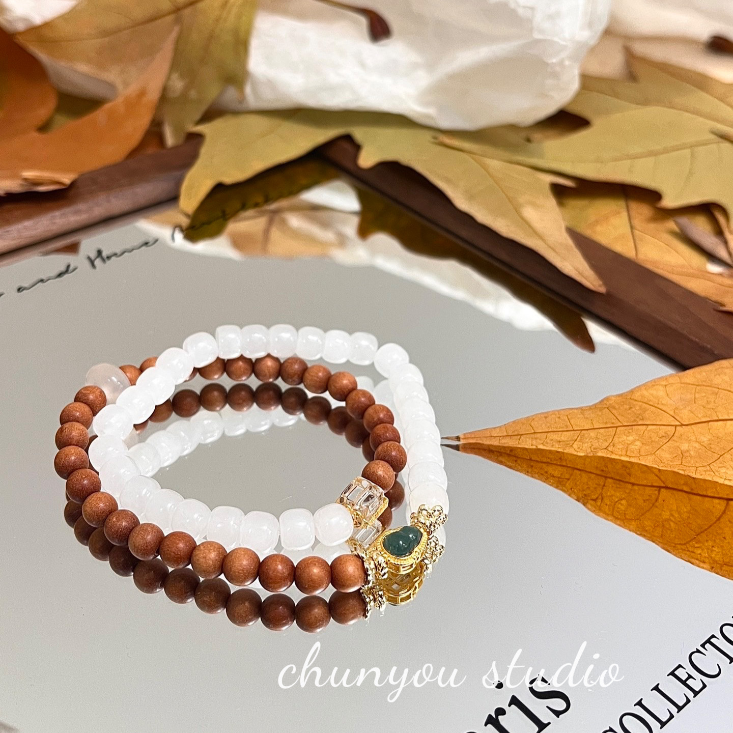 君玉&middot;芭比檀木和田玉白玉双圈手链女款时尚饰品送女友闺蜜礼物