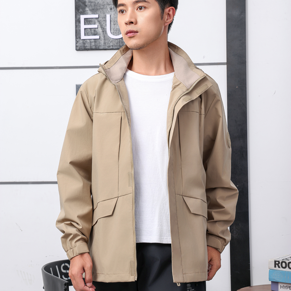 李宁运动风衣2025团购系列男子防泼水可脱卸连帽外套AFDUA07