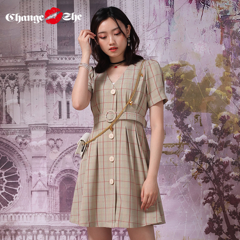 change she千细2020春夏新款复古收腰V领温柔chic桔梗仙女连衣裙