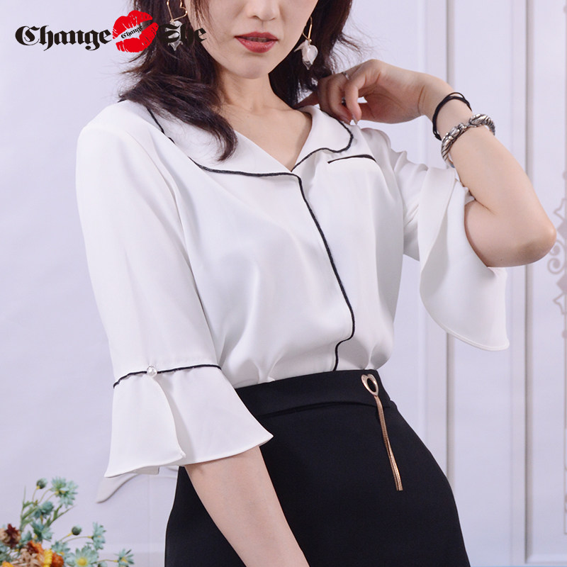 千细change she2020夏季新款时尚简约雪纺衫五分袖白色衬衫上衣女