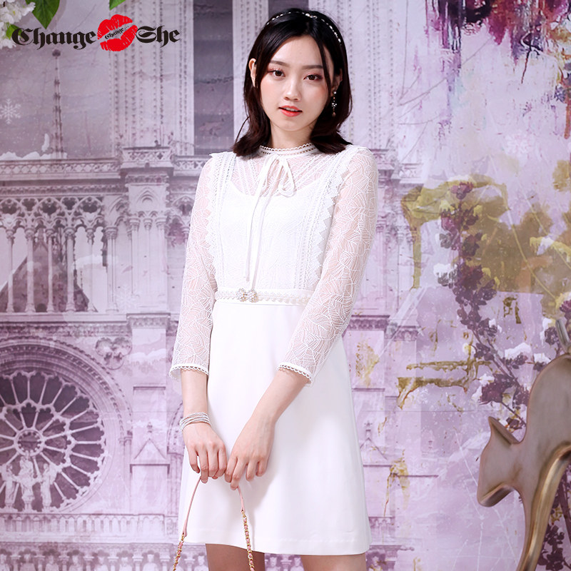 change she千细2020新款女装收腰显瘦中长裙高腰蕾丝七分袖连衣裙