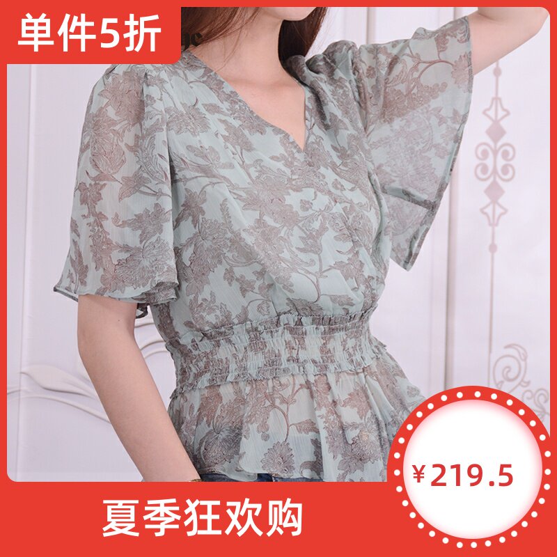 千细change she2020新款雪纺短袖洋气V领收腰时尚百搭显瘦减龄