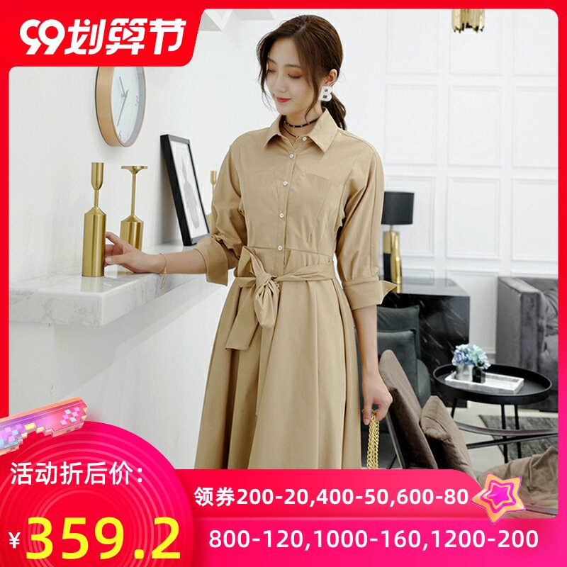 千细change she2020新款百搭设计感收腰系带百搭连衣裙英伦风大衣