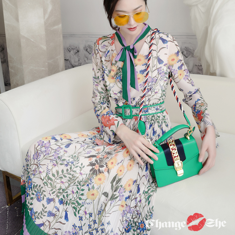 千细change she2020春装新款休闲中长连衣裙森系轻薄高腰过膝长裙