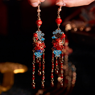 嗷呜原创新中式 国风汉服仿点翠宫灯捷克琉璃古风新娘耳环耳夹
