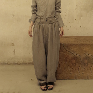 InchLim 工匠感人字纹休闲裤 多穿宽松弯腿裤 亚麻长裤 褶皱裤子